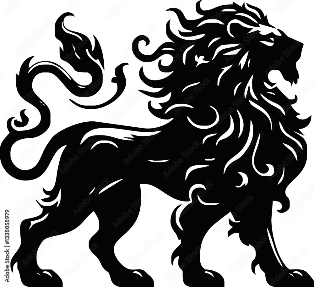 Obraz premium Royal heraldic lions. Black silhouette of rampant lion and griffins for logo or coat of arms. Premium wild animal crest symbol. Flat vector illustration collection isolated on white background