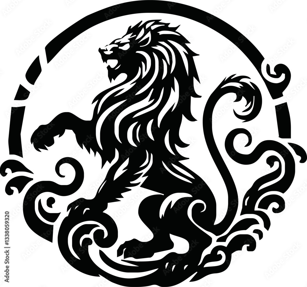 Fototapeta premium Royal heraldic lions. Black silhouette of rampant lion and griffins for logo or coat of arms. Premium wild animal crest symbol. Flat vector illustration collection isolated on white background