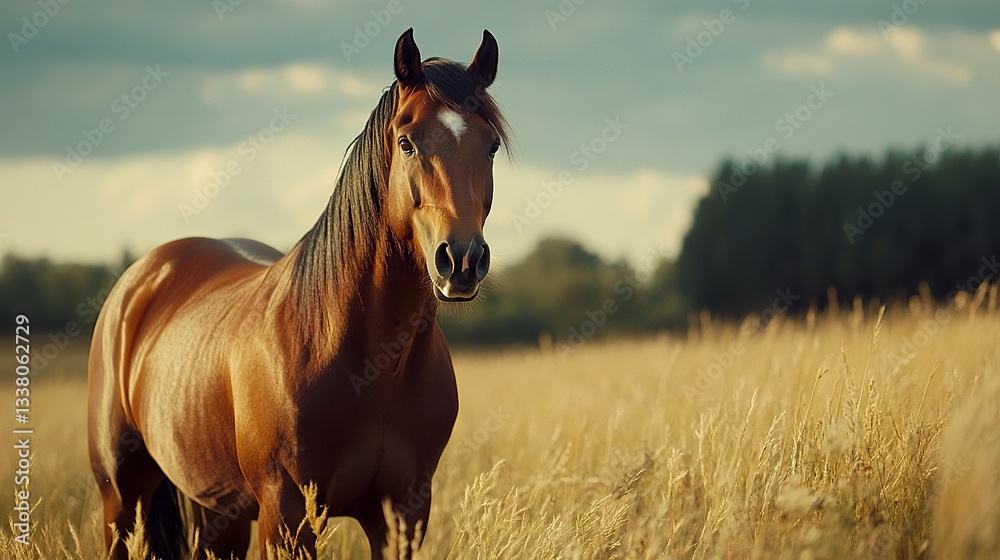 Fototapeta premium A regal Trakehner horse stands motionless in the warm summer air, its well-defined muscles and proud expression telling the story of a champion 