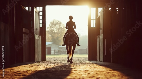 Fototapeta Naklejka Na Ścianę i Meble -  A rider in full equestrian attire guides her saddled horse toward the exit, the stable doors framing their silhouettes against the bright sky, dynamic mid-range shot.  
