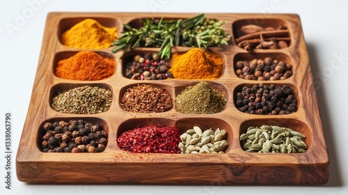 spices and herbs on wooden spoons