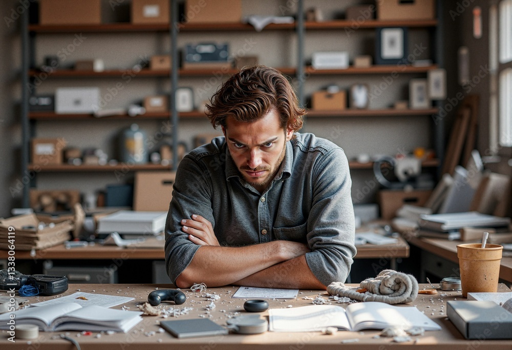 Frustrated man at cluttered desk. Useful for articles on workplace stress, burnout, and mental health. Suitable for blogs, websites, presentations, and printed materials.