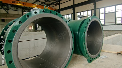 Large industrial metal pipeline with flanged edges inside a water treatment or pumping facility. View through the pipe towards the factory interior