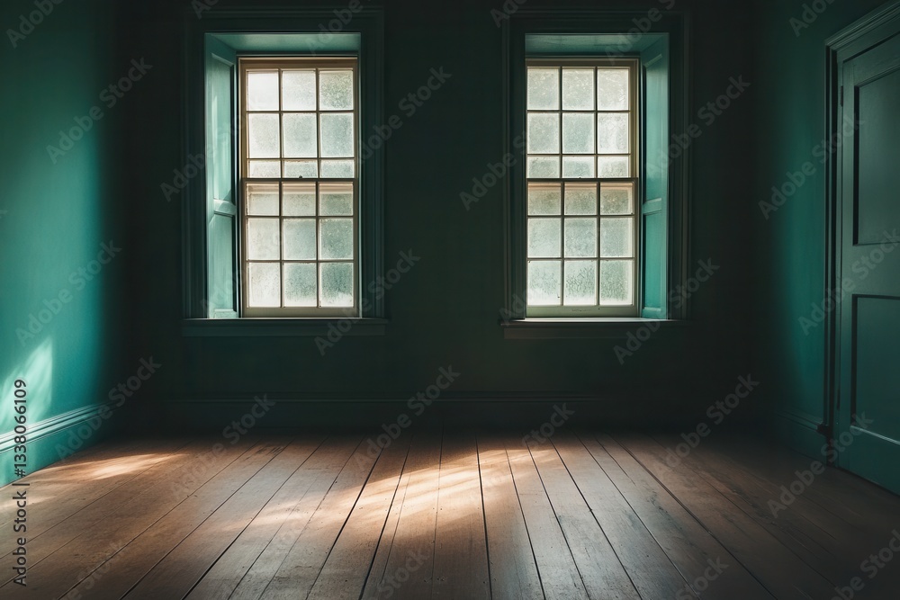 Empty teal room with two windows and wooden floorboards shines. Use it for interior design, backgrounds, or product mockups. Empty teal room with two windows and wooden floorboards shines. Use it for interior design, backgrounds, or product mockups.