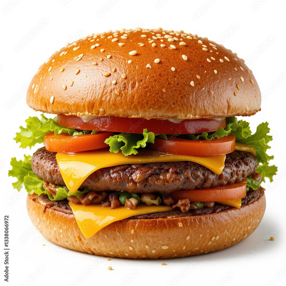 Delicious hamburger on a white background with sesame bun, fresh lettuce, juicy tomatoes, melted cheese and meat patty. The perfect choice for fast food lovers. Delicious hamburger on a white background with sesame bun, fresh lettuce, juicy tomatoes, melted cheese and meat patty. The perfect choice for fast food lovers.