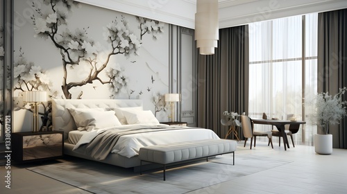 Serene sanctuary, a luxurious bedroom featuring a tranquil blossom tree mural, bathed in soft natural light and complemented by elegant gray tones.