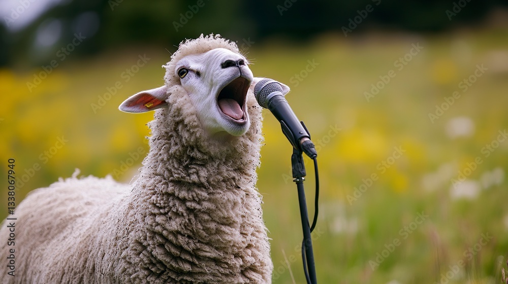 Fototapeta premium A sheep stands outdoors in a field, appearing to sing into a microphone, combining natural animal presence with the humorous concept of animals performing.