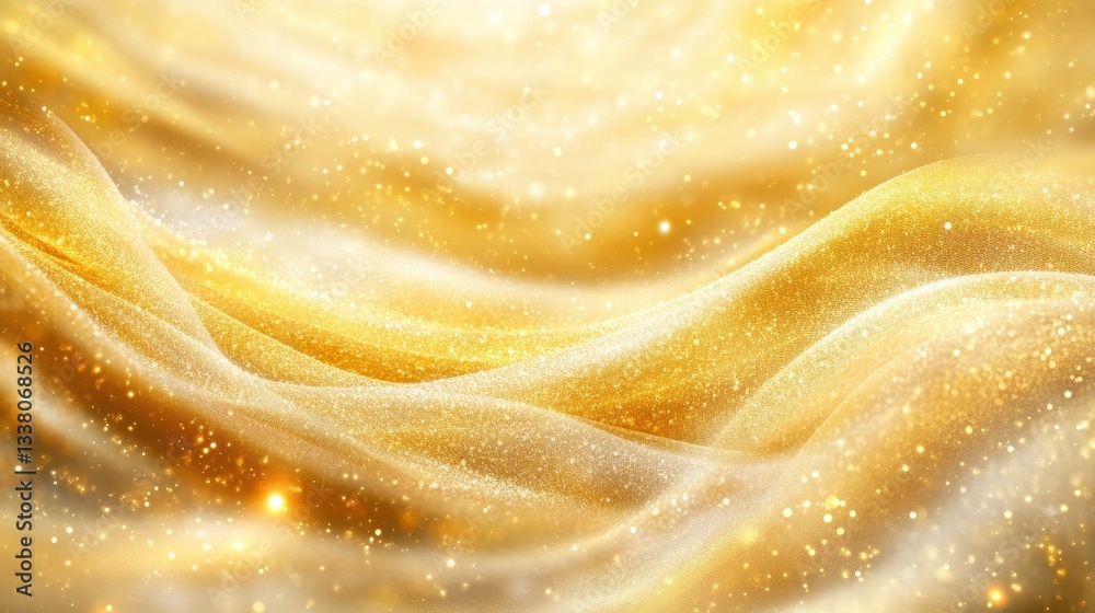 Golden, sparkly fabric drapes in soft, flowing curves. Use for backgrounds or designs needing luxury and elegance.