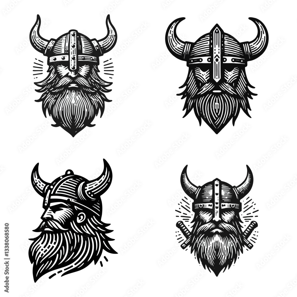 Obraz premium Viking head Engrave vector logo icon design illustration