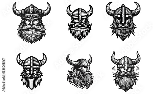 Viking head Engrave vector logo icon design illustration