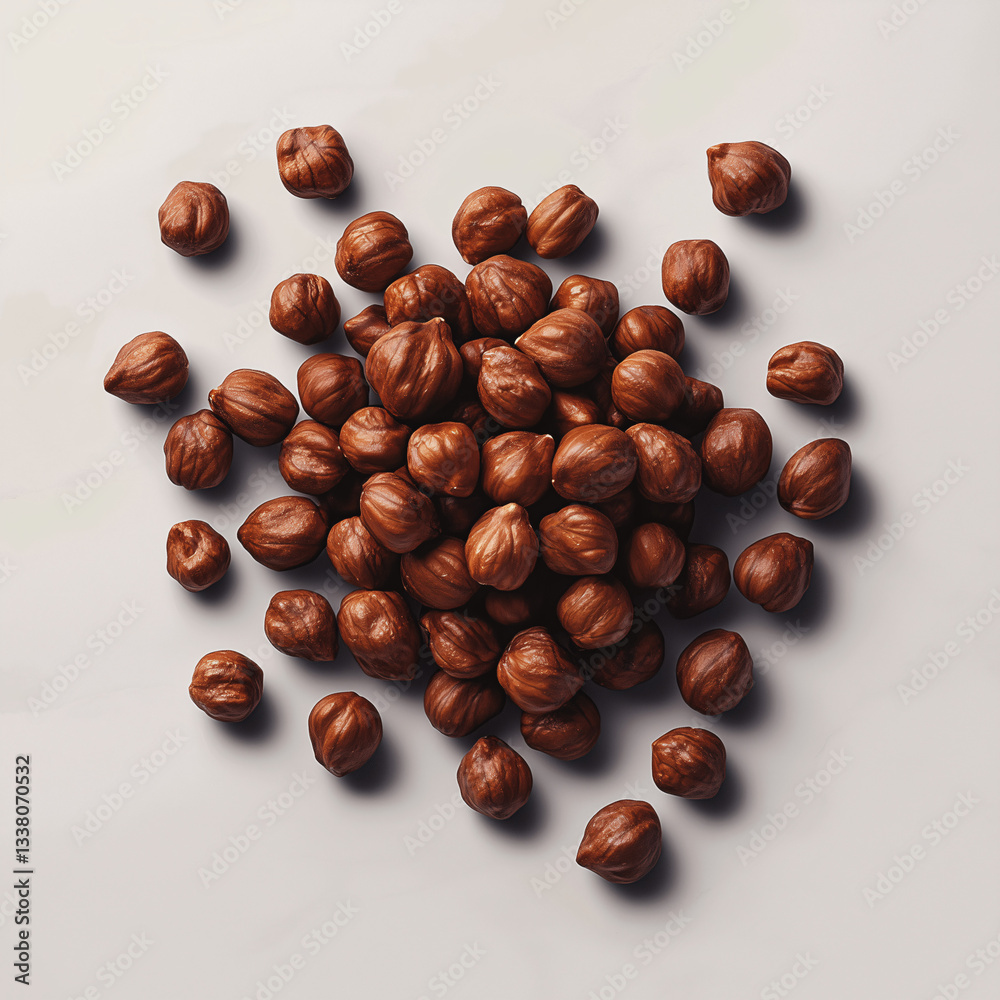Obraz premium Flat-lay of premium roasted hazelnuts on a clean white marble surface