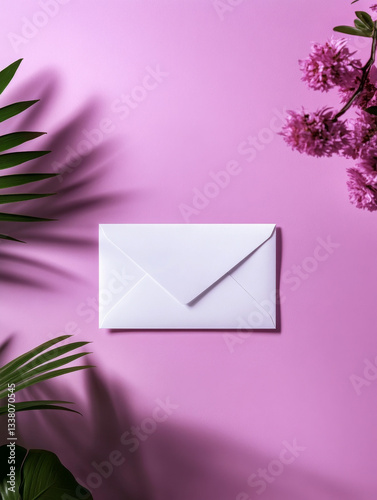 white envelope pink background surrounded by green leaves and pink flowers, creating vibrant and