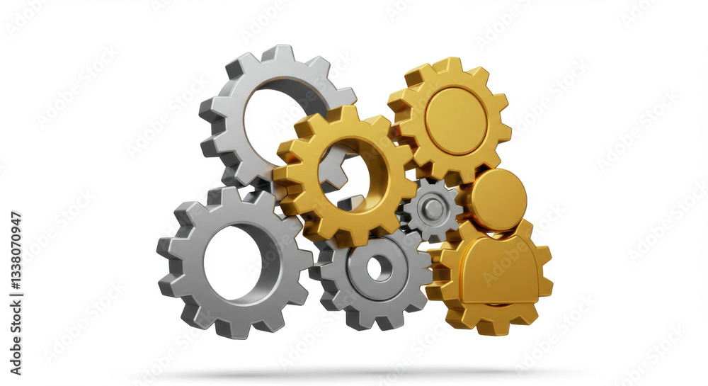 3D icon of interlocking gears in silver and gold representing teamwork