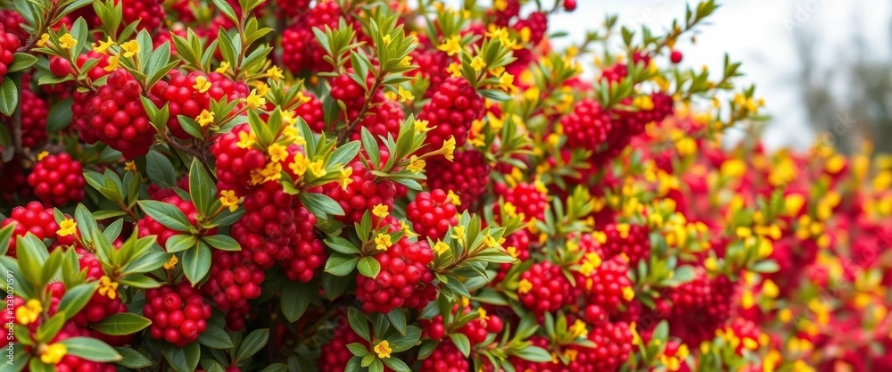 A vibrant barberry bush in spring, showcasing fresh green leaves and delicate yellow flowers, outdoor, vibrant A vibrant barberry bush in spring, showcasing fresh green leaves and delicate yellow flowers, outdoor, vibrant