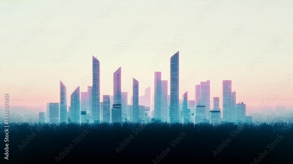 Naklejka premium Futuristic Cityscape Skyline Urban Modern Architecture Glowing Towers