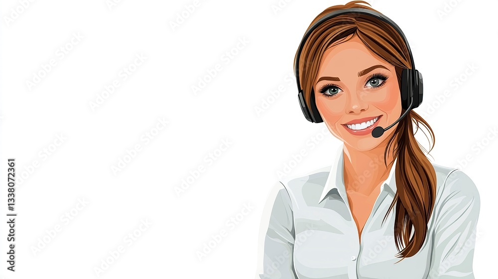 A smiling female customer service representative, sitting upright with a headset, her expression reassuring and professional, in a clean vector format on a white background. A smiling female customer service representative, sitting upright with a headset, her expression reassuring and professional, in a clean vector format on a white background.