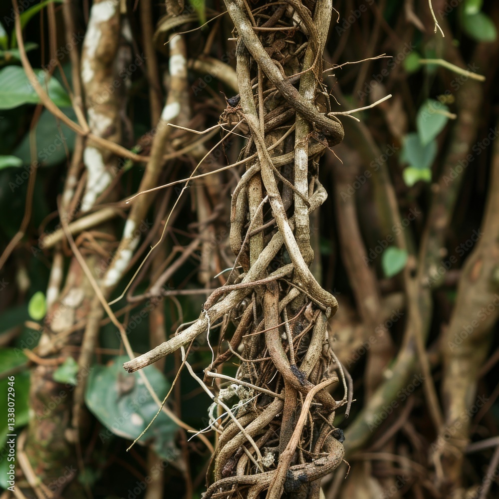 A bunch of brown vines are intertwined and growing on a tree A bunch of brown vines are intertwined and growing on a tree