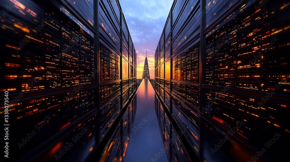 Fototapeta premium Futuristic Cityscape Digital Innovation Technology and Skyscrapers at Sunset