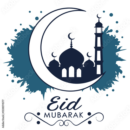  Eid al-Adha Mubarak Vector Illustration with Mosque, Stars, and Lanterns