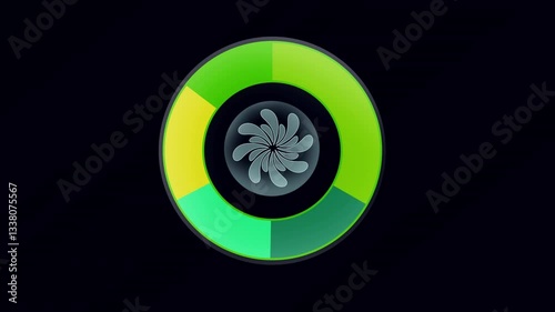 Green colour data ring animation loop motion, circular infographic UI loop, resembling like donut chart with clear flower isolated on dark background. 4K video.