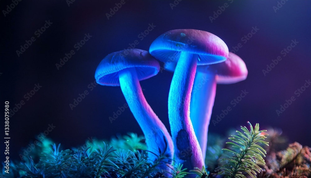 Fototapeta premium Creative concept photo of magical myth mistic mushrooms glowing in the dark night forest woods. 