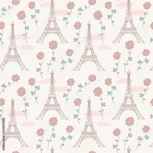 Repeat texture for textile or wrapping paper with Eiffel tower and blooming roses. Tender wallpaper with spring Paris elements. Vector seamless floral pattern in a flat style.