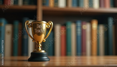 Gold-colored best teacher award represents academic achievement against bookshelf background