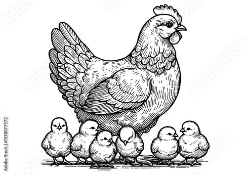 Hen and Chicks Vector Illustration