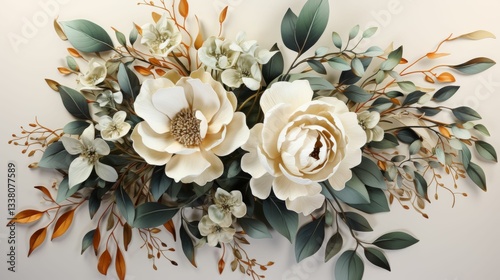 A white flower arrangement with green leaves and brown stems