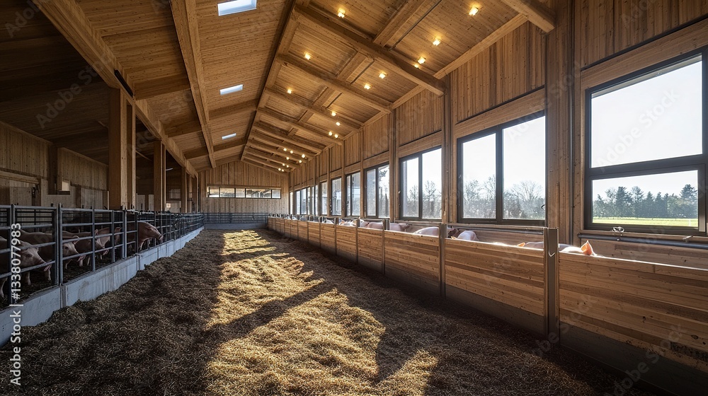 A structured swine housing environment, where pigs are grouped in well-spaced indoor pens, with natural light filtering through the barn windows A structured swine housing environment, where pigs are grouped in well-spaced indoor pens, with natural light filtering through the barn windows