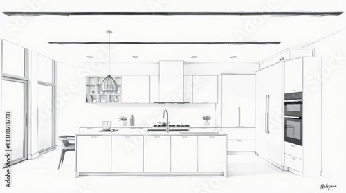 Modern kitchen design sketch, island, appliances, open-plan, sunlight