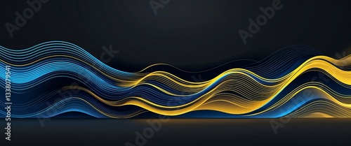blue to yellow waves lines linear pattern glowing on plain black dark background abstract illustration