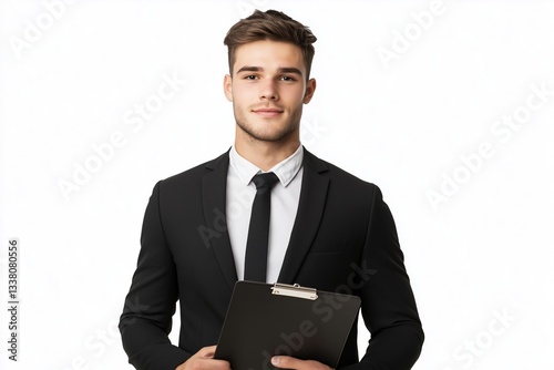 Confident young businessman in black suit holding clipboard on white background. Corporate professionalism