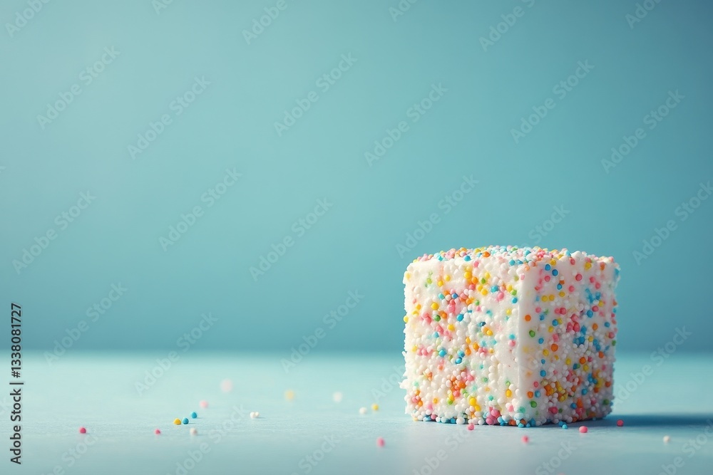 White marshmallow cube coated with colorful sprinkles on blue background. Perfect for celebrating birthdays or happy, sweet, special occasion concepts. White marshmallow cube coated with colorful sprinkles on blue background. Perfect for celebrating birthdays or happy, sweet, special occasion concepts.