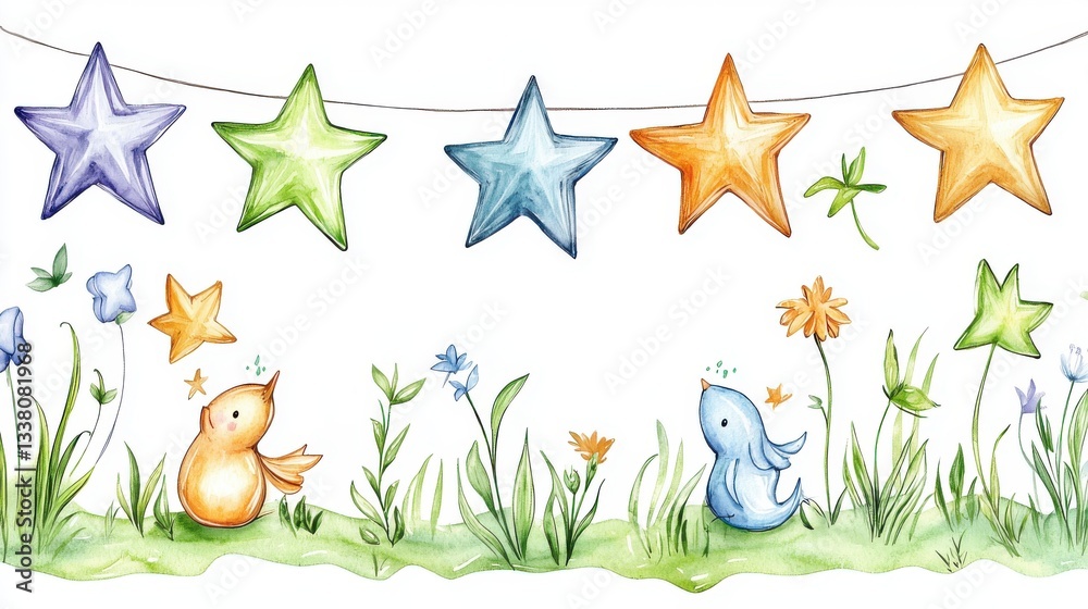 Fototapeta premium Two Cheerful Birds Admire a Vibrant St of Stars Glowing Brightly Above a Colorful Bed of Wildflowers in Nature's Beauty