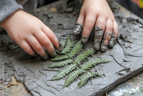 A child’s hands carefully pressing a fern into wet clay, crafting a fossil impression