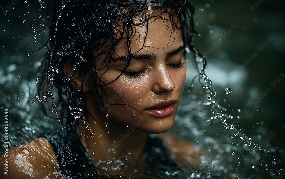Fototapeta premium Serene Woman Under Waterfall