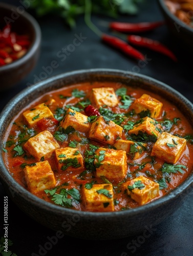 Spicy indian paneer tikka masala with cilantro in bowl