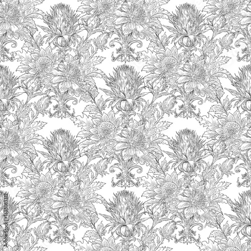 Burdock Floral Seamless Pattern: Elegant Vector Illustration for Fabrics, Wallpapers, and Packaging Design