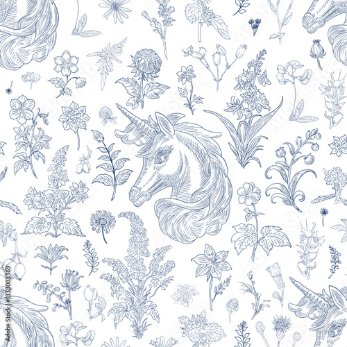 Floral and Unicorn Seamless Pattern: Elegant Vector Illustration for Fabrics, Wallpapers, and Packaging Design