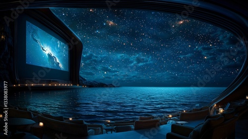 Starry night cinema experience over ocean dreamy atmosphere outdoor movie serene setting captivating view