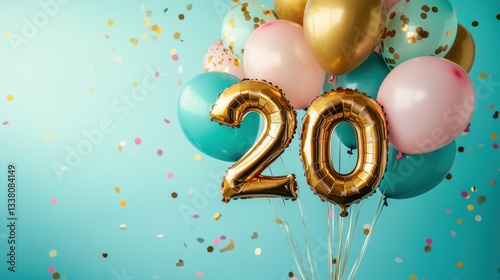 Colorful birthday balloons and confetti celebrating milestone 20th birthday, festive decor, party theme, joy, celebration, vibrant atmosphere, fun event.