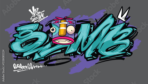 BOMB A vibrant and detailed graffiti-style illustration featuring a cool street art character wearing a snapback, hoodie, and sunglasses. The bold colors and urban aesthetic make this vector artwork p