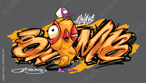 BOMB A vibrant and detailed graffiti-style illustration featuring a cool street art character wearing a snapback, hoodie, and sunglasses. The bold colors and urban aesthetic make this vector artwork p