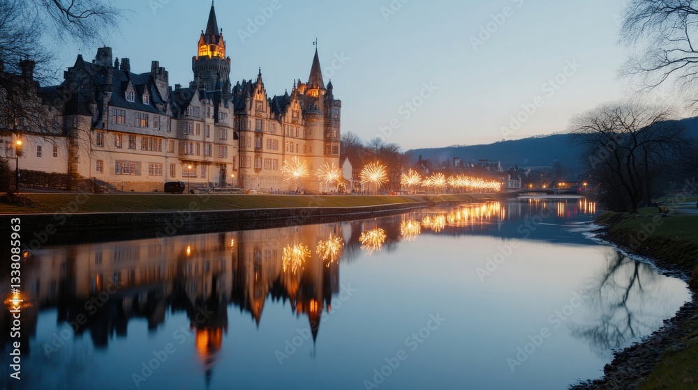 A stately castle reflects in a calm river at twilight. Warm lights illuminate the buildings A stately castle reflects in a calm river at twilight. Warm lights illuminate the buildings