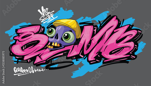 BOMB A vibrant and detailed graffiti-style illustration featuring a cool street art character wearing a snapback, hoodie, and sunglasses. The bold colors and urban aesthetic make this vector artwork p