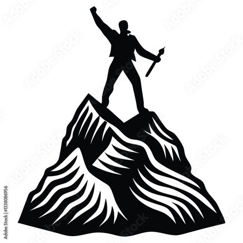 Man celebrates success at the top of the mountain, Silhouette of a person standing on a mountain summit isolated