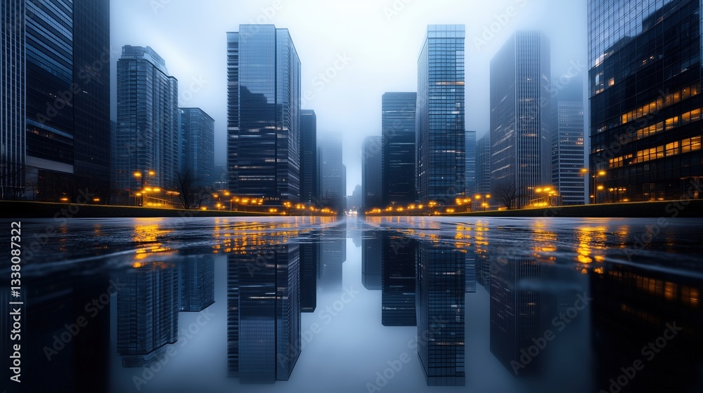 Obraz premium Foggy cityscape with modern skyscrapers and street lights reflecting on wet pavement. Concept of urban development, business, and technology
