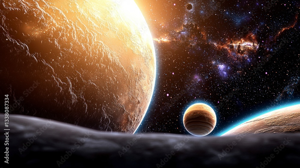 Obraz premium Cosmic Panorama Planets Nebula Space Exploration Galaxy Background