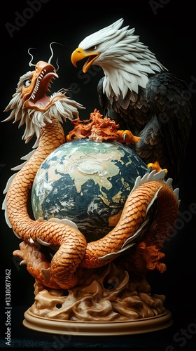 Bald eagle and dragon fighting over planet earth globe